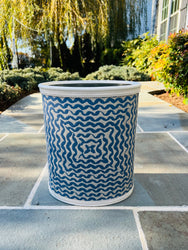 Fabric Wastebasket - Blue & Taupe Scallop