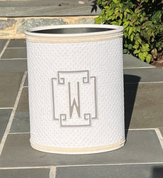 Applique Monogram Fabric Wastebasket- White Quilted Pique