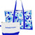 Printed Boat Tote in Spotted Blue + sunscreen clutch.
