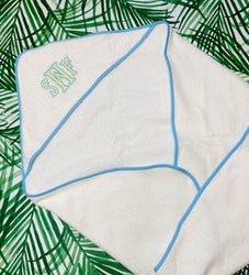 Hooded Towel with appliqué monogram- Blue Trim